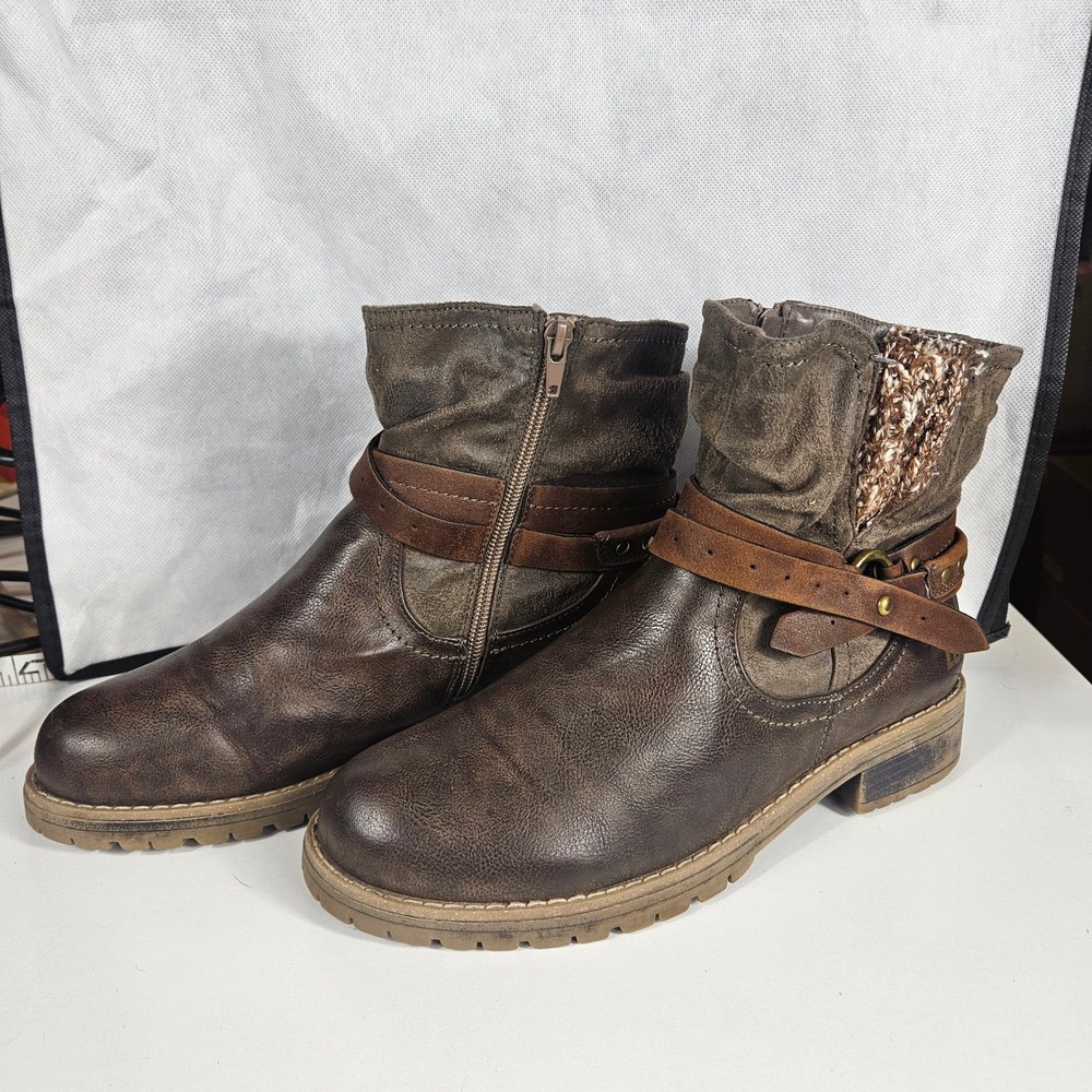 Muk Luks Womens Brown Slouchy Ankle Boots Buckle Strap Knit Trim Size 10